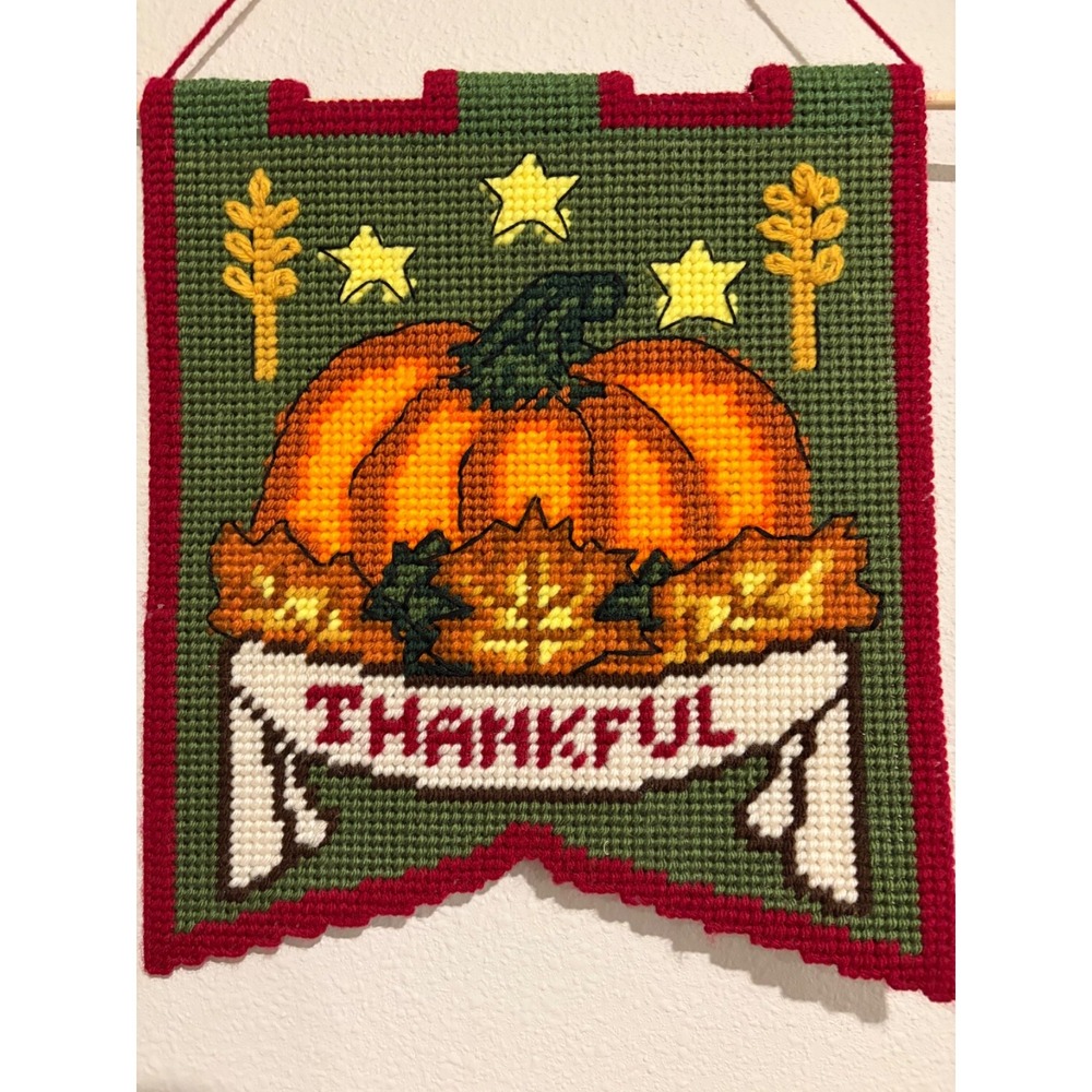 Vintage Needlepoint Pumpkin Wall Hanging Thankful Banner 12' Thanksgiving Autumn
